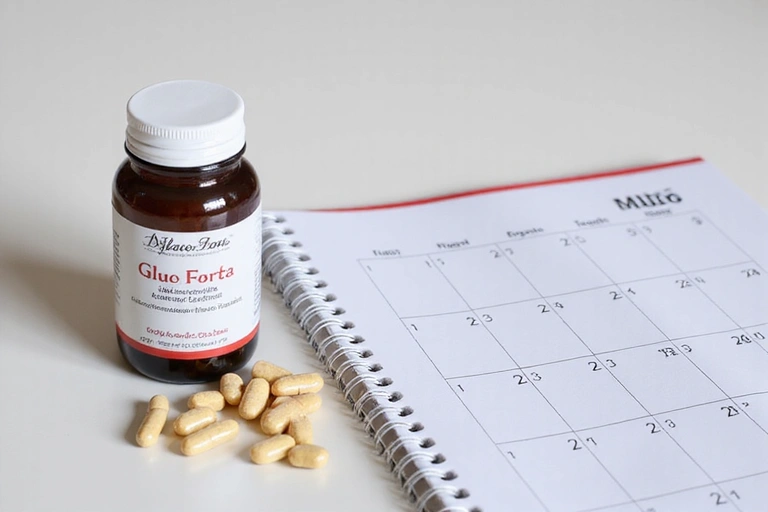 Flacon de GlucoForc cu capsule, lângă un calendar care arată 30 de zile.
